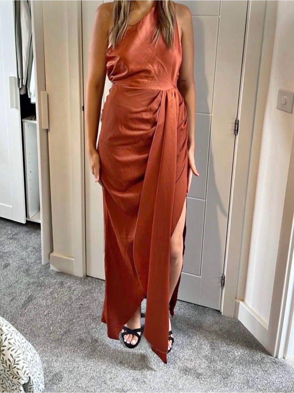Boohoo Rust Satin One-Shoulder Maxi Dress with Side Drape